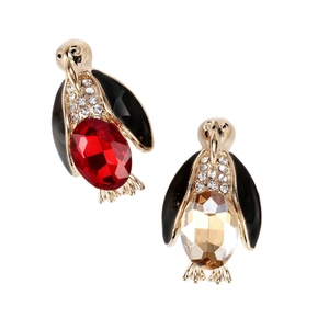 Cute penguin brooch in gold finish with sparkling red and champagne crystals