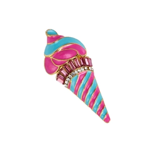 Broche cornet de glace dorée chic avec émail rose et bleu et cristaux étincelants
