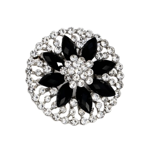 Exquisite silver-tone round flower brooch with black marquis stones and sparkling rhinestones