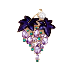 Elegant purple grape brooch with gold frame, pearls and crystals for suits and coats