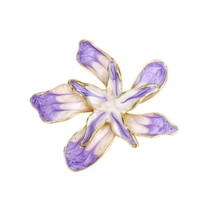 Elegant purple enamel five-petal flower brooch with gold plating on a white background