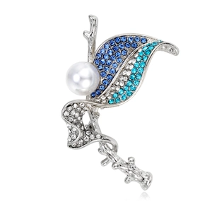 Elegant Alloy Leaf Brooch With Blue Gradient Rhinestones And Artificial Pearl Silver Tone Breastpin For Women Suit Jewelry Gift