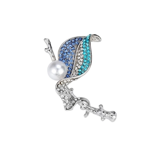 Elegant leaf branch brooch with blue gradient rhinestones and a large white pearl detail