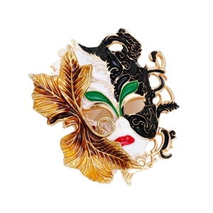 Baroque style Venetian mask brooch with gold plating and colorful enamel finish