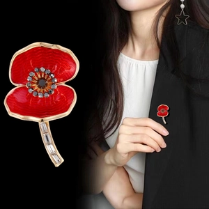 Elegant red poppy flower enamel brooch with rhinestones for women's suits and coats