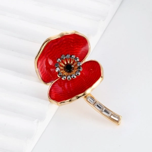 Elegant red poppy flower brooch with enamel petals and gold plating for women's suits