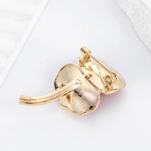 Fashionable red enamel poppy flower brooch in gold finish with safe metal pin backing