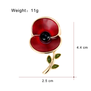 Red enamel poppy flower brooch with gold accents and crystal center, dimensions 4.4cm by 2.5cm