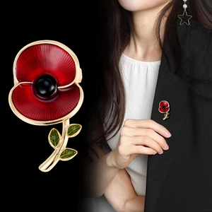 Red poppy flower enamel brooch with gold stem on black blazer for women floral jewelry