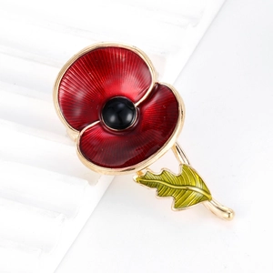 Remembrance Day red poppy flower brooch in gold plating with elegant enamel finish