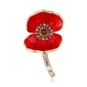 Elegant Alloy Red Poppy Flower Brooch For Women Enamel Drip Oil Rhinestone Floral Pin For Suit Coat Fashion Jewelry Gift