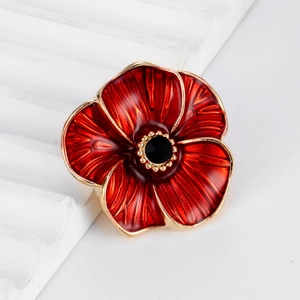 Élégante broche fleur de pavot rouge avec placage doré et finition émaillée