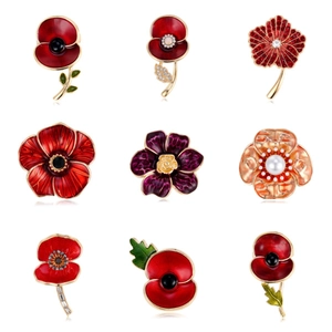 Alloy Poppy Flower Brooch Remembrance Day Red Enamel Rhinestone Lapel Pin Floral Fashion Accessory Jewelry For Women Men
