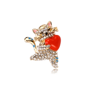 Broche Chat Mignonne en Alliage de Strass Design Cœur Accessoire de Mode pour Femmes Épinglette Anti-exposition Bijoux