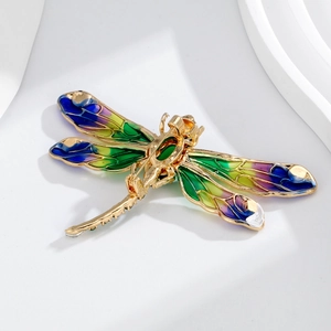 Broche libellule élégante avec ailes en émail coloré et fermoir sécurisé doré au dos