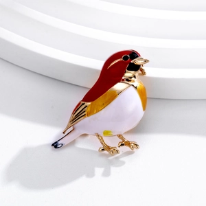 Exquisite Emaille-Vogelbrosche in Rot und Weiß mit Goldfinish für Modeaccessoires