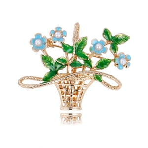 Elegant Flower Basket Brooch Zinc Alloy Enamel Blue Floral White Artificial Pearl Pin Vintage Style Chest Jewelry For Women Party Wedding