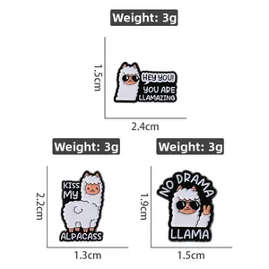 Detailed size and weight specs for llama enamel pins with Llamazing and No Drama text