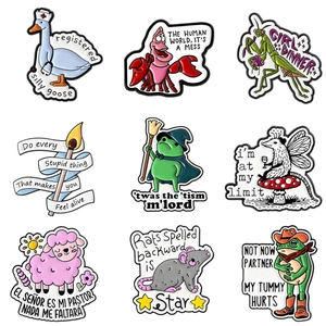 Detailed grid view showing high-quality enamel pins with funny cartoon animal designs