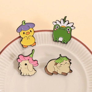 Cartoon animal enamel pins featuring a duck, frog, rabbit, and cat in floral hats