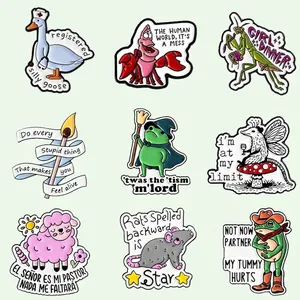 Funny Animal Cartoon Enamel Pin Funny Cat Frog Goose Possum Raccoon Brooch Alloy Badge With Humor Quote For Clothing Decor