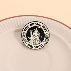Black and white cat wizard enamel pin with 'You Shall Not PSPSPS' text and sword