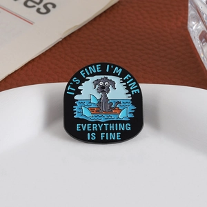 Funny enamel pin featuring a calm cartoon dog and sharks with 'Everything Is Fine' slogan