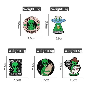 Detailed size chart for alien enamel pins featuring UFO and cat designs with dimensions