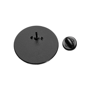 Detail of black matte alloy pin backings with secure rubber clutches for badges