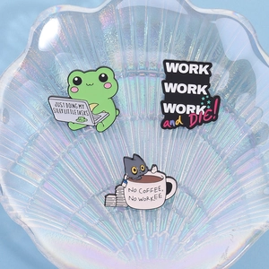 Enamel lapel pin set featuring office cat, frog with laptop and funny work slogans