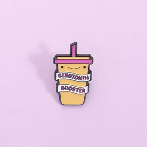 Cute Cartoon Drink Cup Enamel Pin Serotonin Booster Smile Face Zinc Alloy Brooch Badge For Clothing Bags Backpack Jewelry Gift