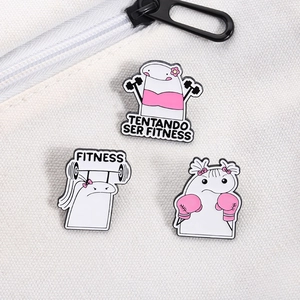Three cute Flork cartoon enamel pins set featuring fitness theme with barbell and boxing gloves