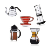 Detailed macro view of five coffee equipment enamel pins with minimalist illustration style
