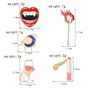 Detailed dimensions and weight chart for five assorted creative enamel pins and brooches
