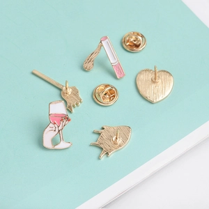 Fashion enamel brooch set featuring wine glass and cigarette design with gold metal finish
