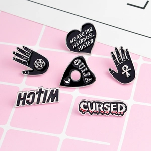 Set of 6 gothic enamel pins featuring black witch palm and Ouija heart designs