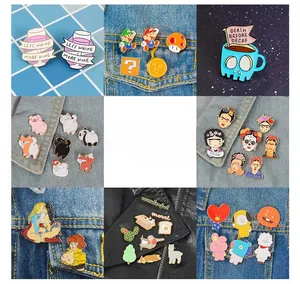 Detail showing various enamel pins on denim and leather jackets in a grid display