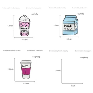 Cartoon enamel pins set featuring cute milk carton and coffee cups in various styles