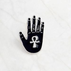 Mystical black enamel palm brooch with silver Ankh symbol and OUIJA design details