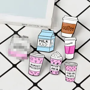 Cartoon coffee and milk enamel pin set featuring sweet pink designs and cute patterns