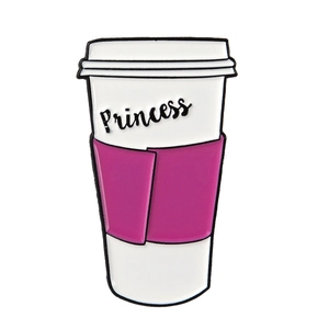 Cartoon coffee cup enamel pin with pink sleeve and Princess text on white background