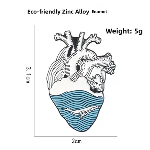 Detailed size chart for the blue ocean wave and whale enamel heart brooch