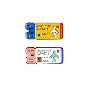 Creative adventure awaits plane ticket enamel pins in colorful metal design for backpacks