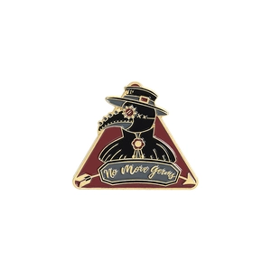 Detailed enamel plague doctor bird mask brooch with red scroll and No More Germs text