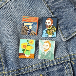 Artistic Van Gogh enamel sunflower and scream brooches set on denim jacket pocket