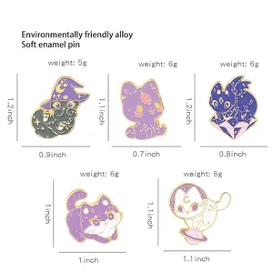 Size chart for 5 cartoon cat enamel pins featuring wizard and space cat alloy brooches