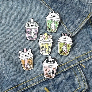 Set of 6 cute animal bubble tea enamel pins featuring panda unicorn and sloth characters