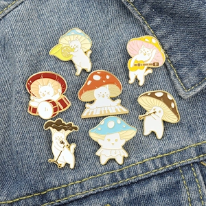 Set of 7 cartoon cat enamel pins with colorful mushroom hats playing musical instruments