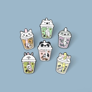 Cartoon animal milk tea cup enamel pins featuring panda, bunny and unicorn shapes