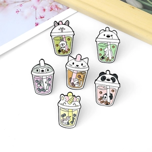 Cartoon Animal Bubble Tea Metal Brooch Cute Lacquered Alloy Badge Panda Rabbit Cat Lapel Pin For Clothing Bag Decoration